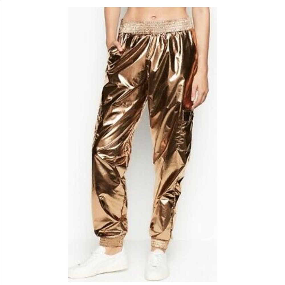 Victoria’s sport shiny cargo pants.